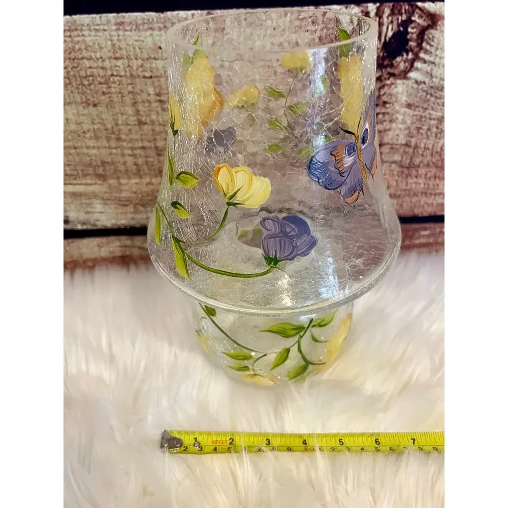 Vintage Anthropologie Floral Butterfly Hand Painted Painted Glass Lamp Vase EUC